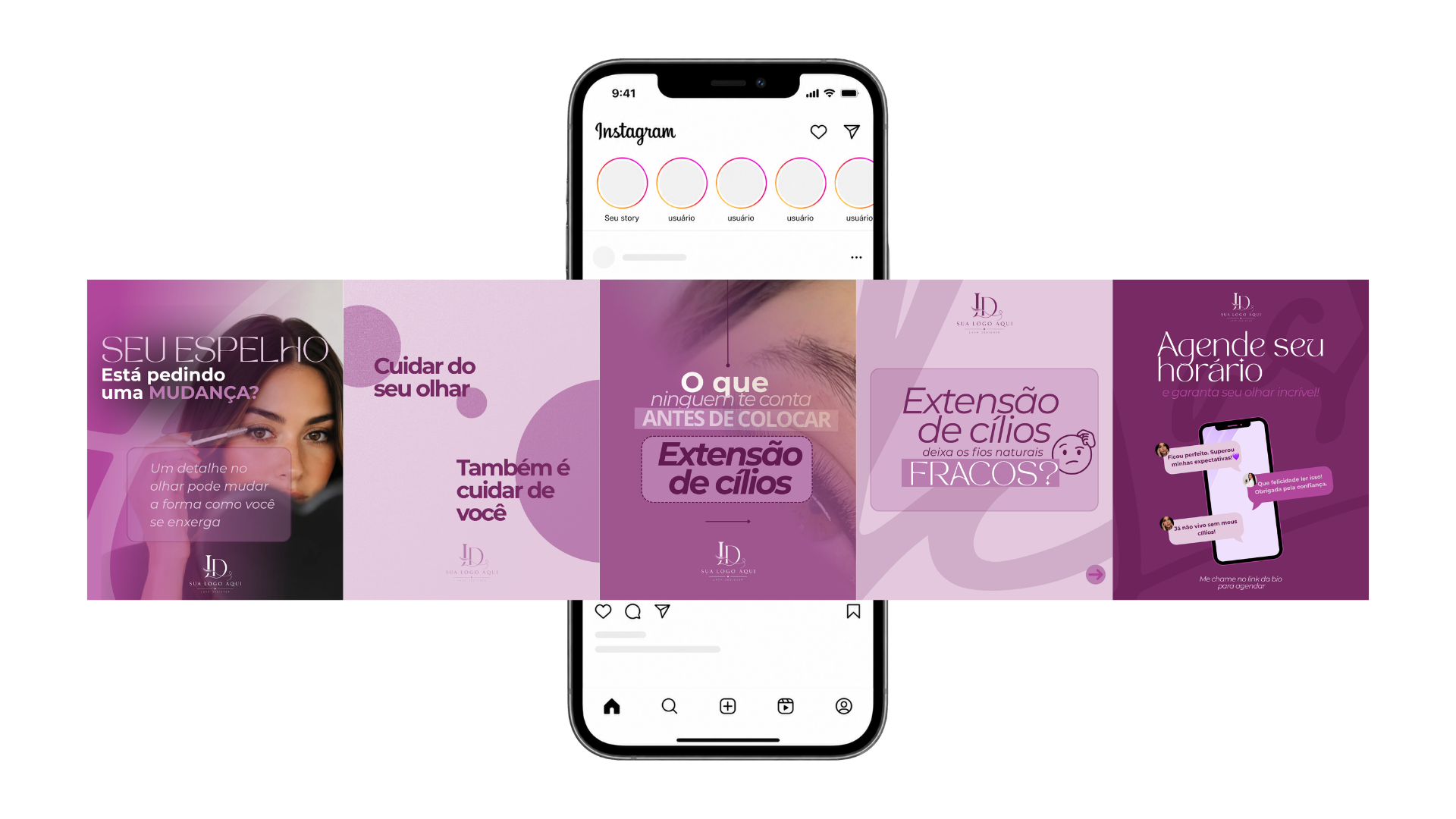 Exemplo de artes do Pack Lash Designer aplicadas no Instagram